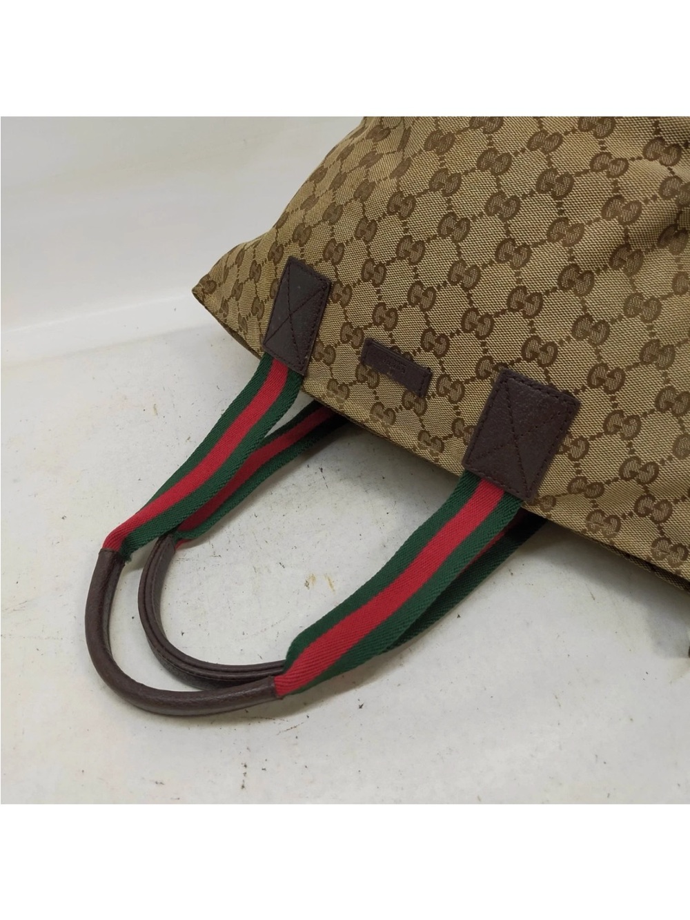 Gucci Sherry Line Top Handle Brown Canvas Bag with Red and Green Stripe - Picture 4 of 9